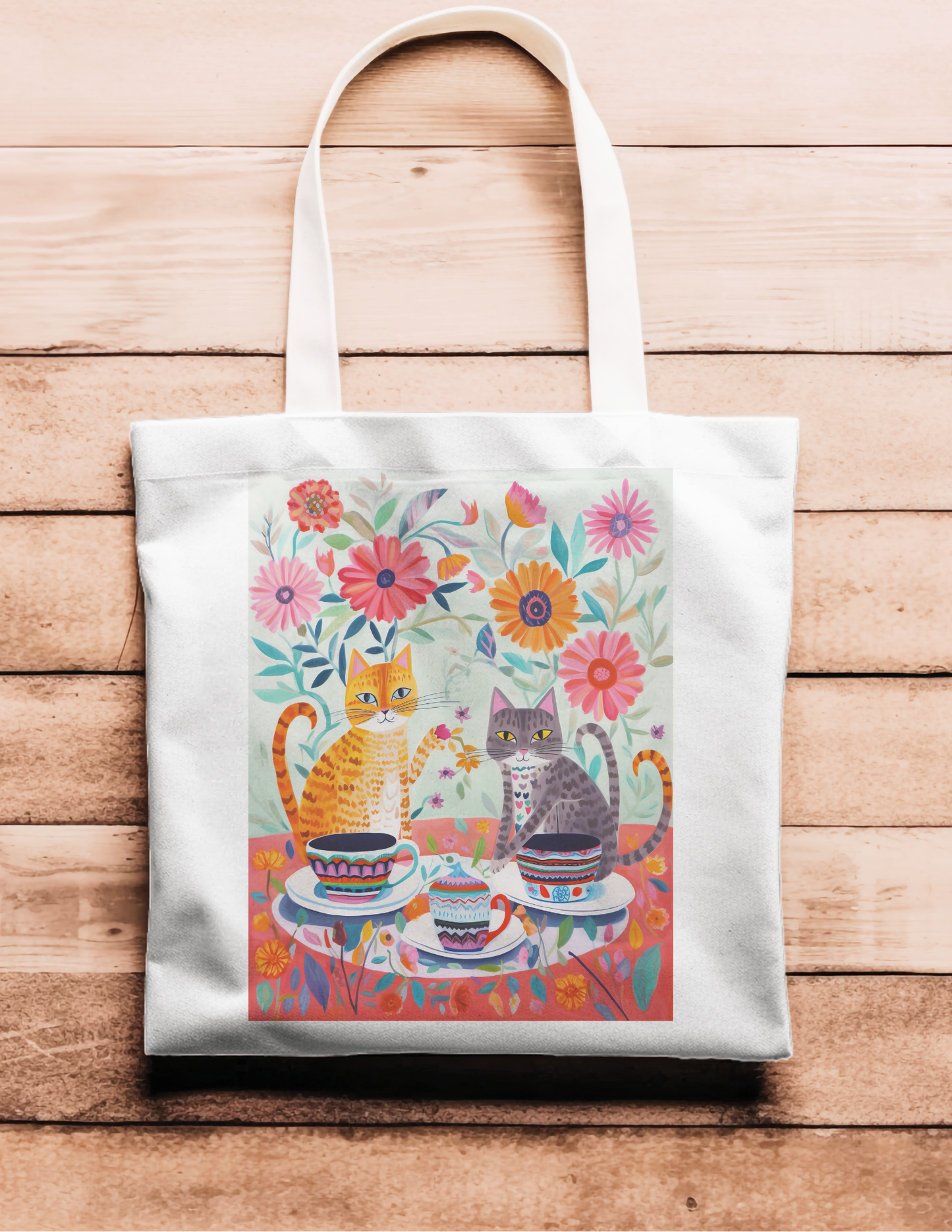 Artsy Tote Bag - Yellow & Gray Cats Having Tea
