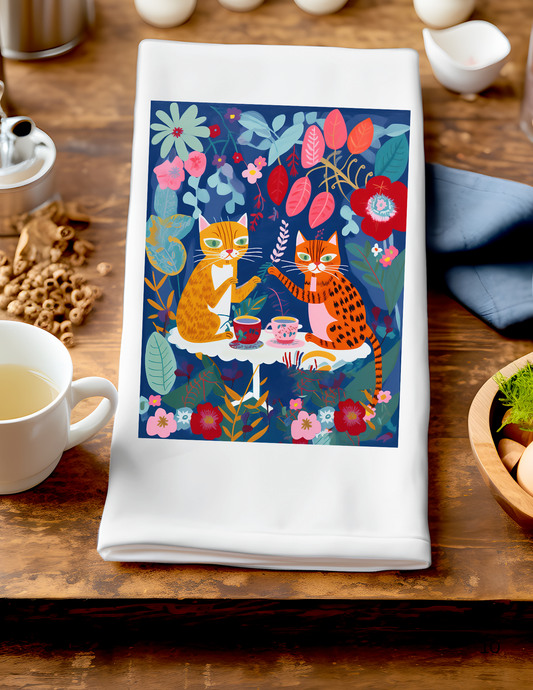 Artsy Accent Towel - Yellow and Orange Cats Having Tea