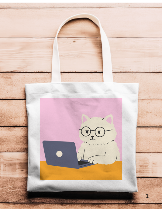 Artsy Tote Bag - Pink with Glasses Cats on Computer