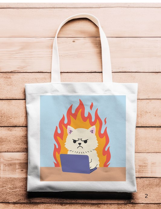 Artsy Tote Bag - Blue Fire Background Cats on Computers