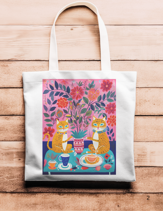 Artsy Tote Bag - Spotted Pair of Cats Having Tea