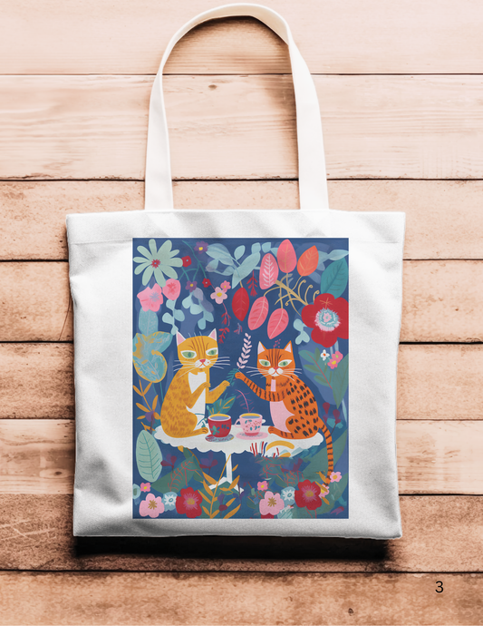 Artsy Tote Bag - Yellow & Orange Cats Having Tea