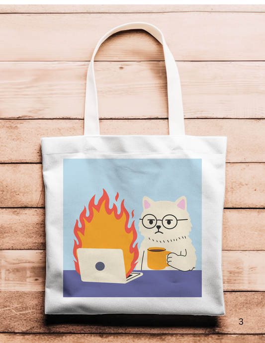 Artsy Tote Bag - Blue Computer on Fire Cats on Computers
