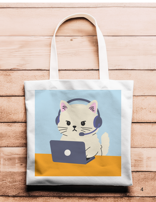 Artsy Tote Bag - Blue with Headset Cats on Computers