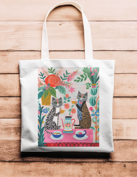 Artsy Tote Bag - Gray & Brown Cats Having Tea