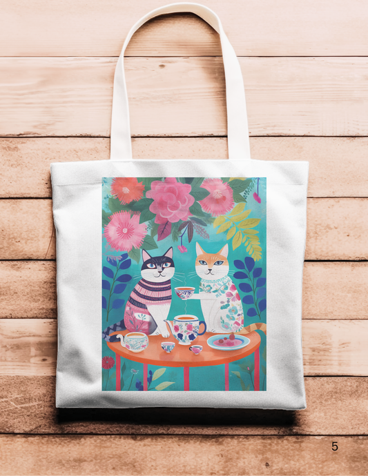Artsy Tote Bag - Tuxedo & White Cats Having Tea