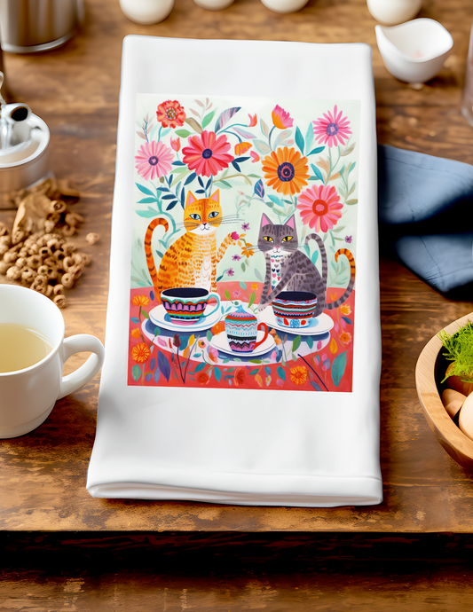 Artsy Accent Towel - Yellow and Gray Cats Having Tea