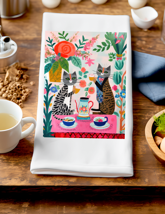 Artsy Accent Towel - Gray and Brown Cats Having Tea